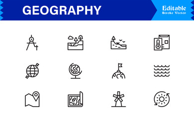 Geography Essentials — Professional Line Icon Set Featuring Minimal, Modern, Pixel-Perfect Editable Symbols for Educational and Cartography Themes