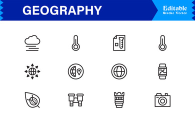 Geography Essentials — Professional Line Icon Set Featuring Minimal, Modern, Pixel-Perfect Editable Symbols for Educational and Cartography Themes