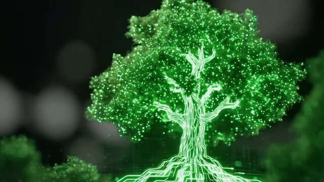 Digital tree illuminated in glowing green hues. Network of intricate roots symbolizes growth, AI connection. Dark background, nature, technology, sustainability. GPU processing Information flow.