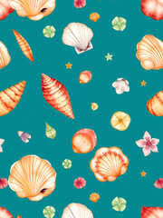 Summer beach seashell tropical elements. Watercolor background illustration set. Seamless background pattern.