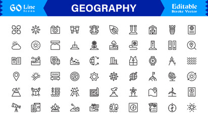 Geography Essentials — Professional Line Icon Set Featuring Minimal, Modern, Pixel-Perfect Editable Symbols for Educational and Cartography Themes
