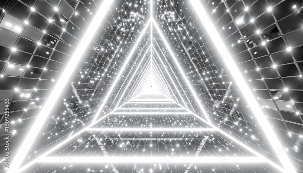 Poster Luminous triangular corridor with mirrored walls creating a sense of futuristic depth