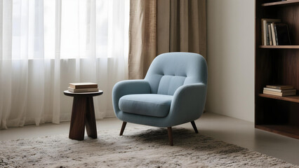  Cozy modern light blue armchair on textured rug, soft curtains, warm, inviting interior.