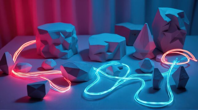 Abstract Geometric Paper Sculptures with Neon Light Strands in Colorful Studio Setting