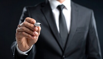 Fototapeta premium Business wallpaper of a man in a suit holding a pen and pointing somewhere
