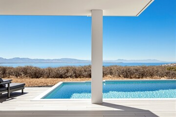 Fototapeta premium Coastal infinity pool overlooks serene ocean landscape.