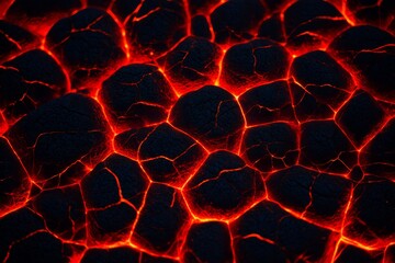 Obraz premium Close up textured background of cooling molten lava with glowing cracks