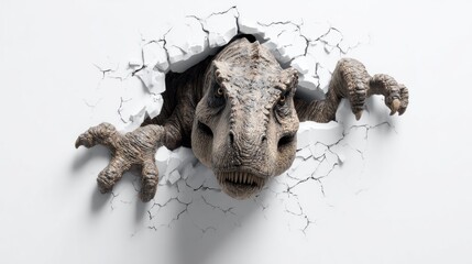 Fototapeta premium Tyrannosaurus rex dinosaur breaks through wall