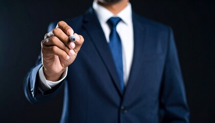 Fototapeta premium Business wallpaper of a man in a suit holding a pen and pointing somewhere