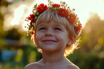 Golden hour in sunset. Happy holiday season holidays creative. Happy caucasian toddler boy with blond hair wearing red flower crown on his head. Childâ€™s peaceful summer happiness.