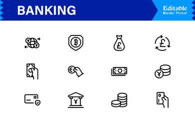 Banking Solutions Elevate Digital Brands — Professional Modern Minimal line icon set featuring credit cards, payments, currency, ATMs, investment, security