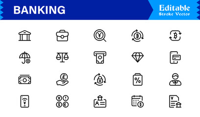 Banking Solutions Elevate Digital Brands — Professional Modern Minimal line icon set featuring credit cards, payments, currency, ATMs, investment, security
