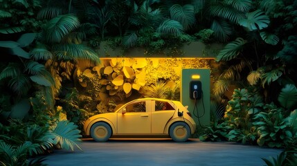 黄色の電気自動車が茂った熱帯の緑の背景の中で充電ステーションで充電される様子