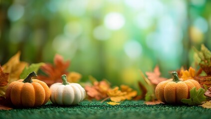 Autumn scene with pumpkins and colorful fall leaves on grass in soft sunlight