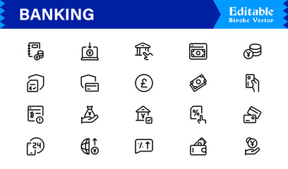 Banking Solutions Elevate Digital Brands — Professional Modern Minimal line icon set featuring credit cards, payments, currency, ATMs, investment, security