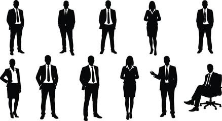 Silhouettes of professional business people, men and women in formal suits, corporate team members standing and sitting in office poses