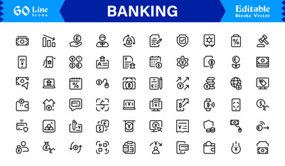 Banking Solutions Elevate Digital Brands — Professional Modern Minimal line icon set featuring credit cards, payments, currency, ATMs, investment, security