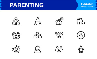 Parenting and Family Care Icons – Modern Line Icon Set Featuring Professional Minimal Illustrations for Childcare, Parenthood, and Family Lifestyle Themes