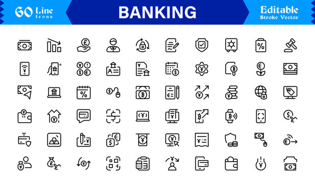 Banking Solutions Elevate Digital Brands — Professional Modern Minimal line icon set featuring credit cards, payments, currency, ATMs, investment, security