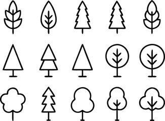 Collection of simple line art trees and leaves in a clean graphic design