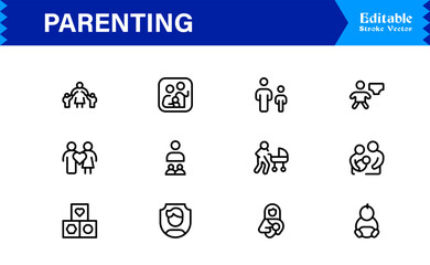 Parenting and Family Care Icons – Modern Line Icon Set Featuring Professional Minimal Illustrations for Childcare, Parenthood, and Family Lifestyle Themes