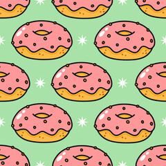 Repeating pattern of pink glazed donuts with sprinkles and star elements.