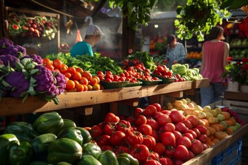 Capture the vibrancy of a small-town market with friendly vendors and bustling local activity, 