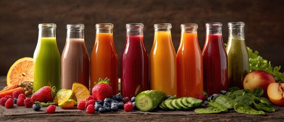 The colorful assortment of fresh juices and smoothies on a rustic wooden table.