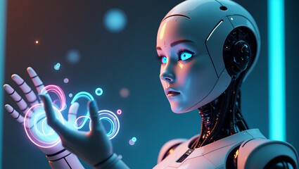 Advanced humanoid robot interacting with glowing futuristic digital interface technology