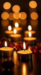 Glowing tealights illuminate a festive winter scene with warm light.