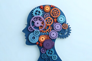 3D silhouette of woman head filled with colorful gears and cogs