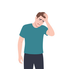 Flat color vector illustration of a man experiencing stress or headache, holding his head with a worried expression. Useful for mental health awareness and medical guides
