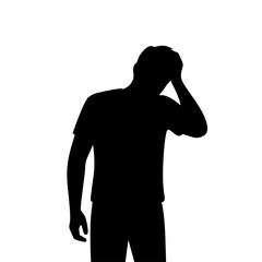 Solid black silhouette vector of a man holding his head in a stressed or tired posture. Ideal for icons, mental health visuals, or stress awareness graphics