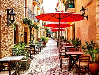 Charming European alleyway with vibrant red umbrellas and outdoor cafe seating.