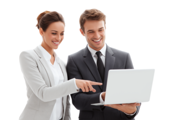 Two business people looking at a laptop and pointing to it, smiling, against a transparent background