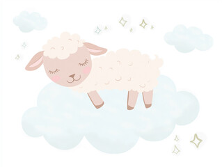 Adorable lamb sleeping on fluffy clouds with sparkles and sky in cartoon illustration