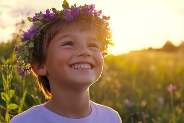 Happy vacation time holidays pattern. Happy caucasian child boy with brown hair wearing purple flower crown on his head. Golden hour in sunset. Young boy with floral headpiece.
