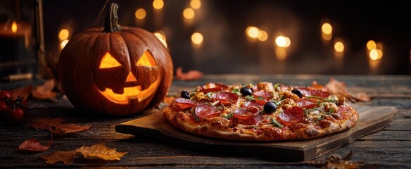 The delicious Halloween pizza beside a carved festive pumpkin on a rustic table.