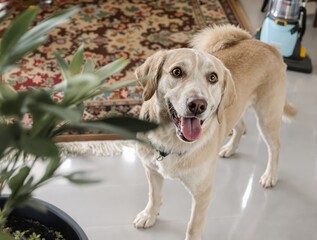 Happy golden canine looks at the camera indoors with a plant.