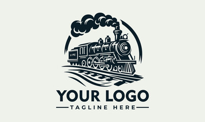 Vintage steam locomotive logo design, showcasing a classic train on a track, surrounded by a circular graphic element. © nuaari