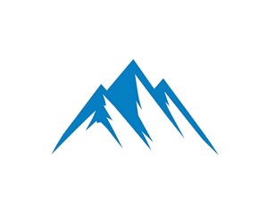 Simple, stylized mountain silhouette in vibrant blue, set against a plain white background.  The mountain peaks have sharp edges and a textured appearance, conveying a sense of ruggedness and height