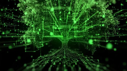 Digital tree illuminated in glowing green hues. Network of intricate roots symbolizes growth, AI connection. Dark background, nature, technology, sustainability. GPU processing Information flow. - Powered by Adobe