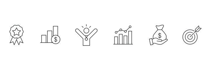 Success and Growth Editable Icons set. Set of outline icons related to progress, career, growth, profit and others. Success outline icons collection. Vector illustration.