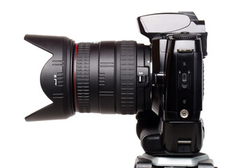 Black 35MM digital SLR Camera side perspective mounted on tripod.