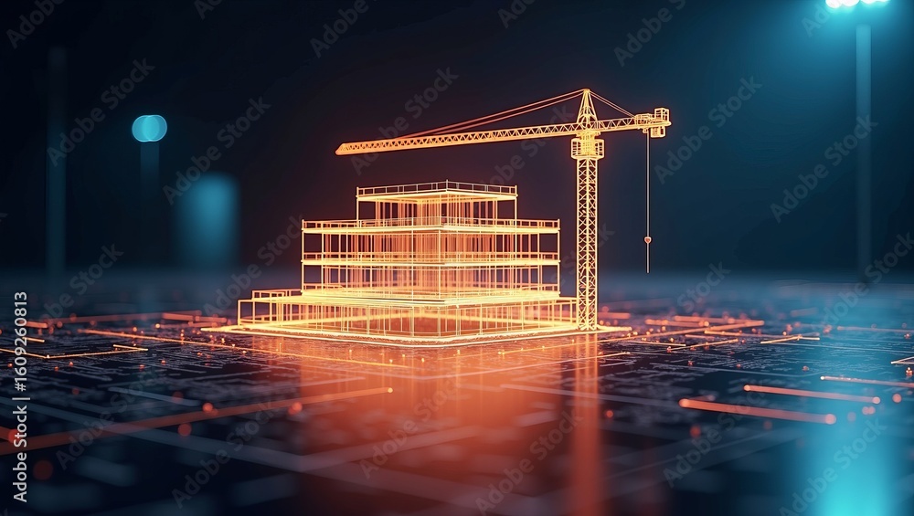 Poster digital construction technology and smart building innovation illustrated by glowing wireframe crane