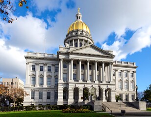 Obraz premium Majestic State Capitol Building with Golden Dome against a Partly Cloudy Sky
