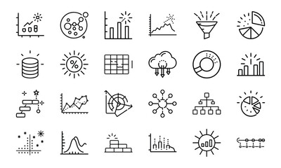 Line Art Icons for Data Analysis, Business Intelligence, and Graph Representation