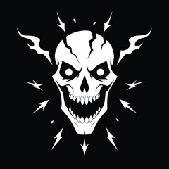 Spooky White Skull with Glowing Eyes and Flames on Black Background