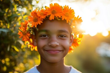 Happy vacation time holidays concept art. Smiling mixed-race teenager boy with tt hair wearing orange flower crown on his head. Golden hour in sunset. Young adventurer in summer.