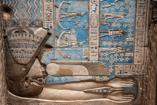 Colorful ceiling relief of sky goddess Nut in the Temple of Dendera, Egypt, showing ancient Egyptian mythology in vivid paintwork